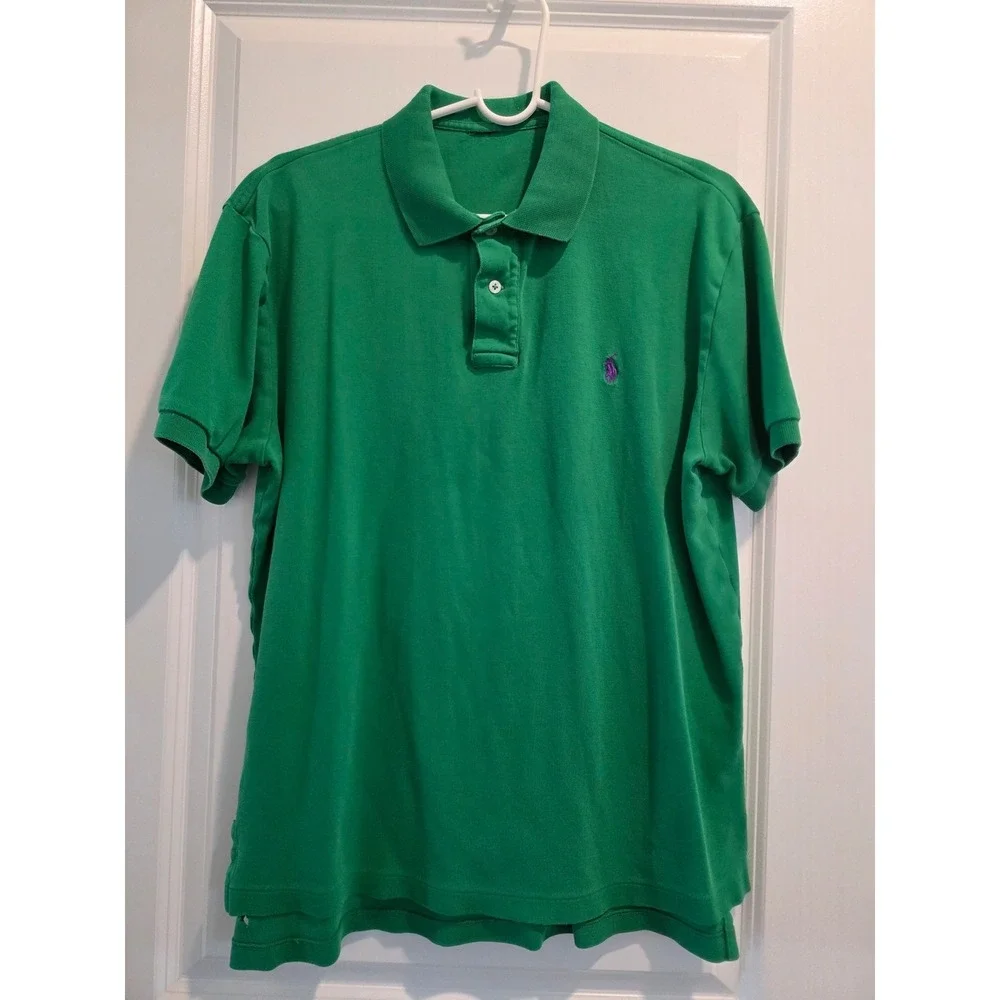 Mens sz L Polo Ralph Lauren Green Short Sleeve Pique Polo Shirt Purple Pony Logo